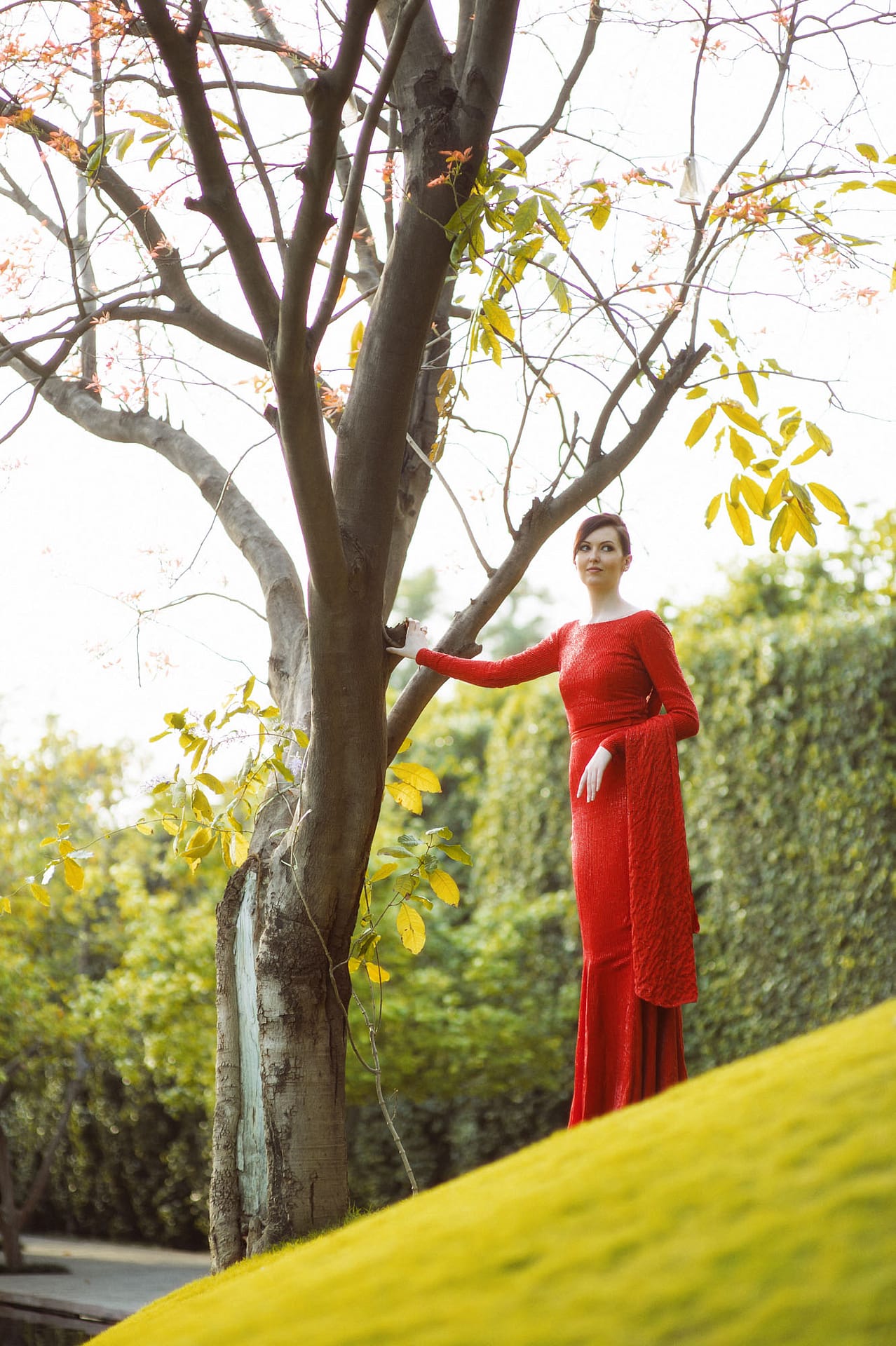 Bride in red dress with tree